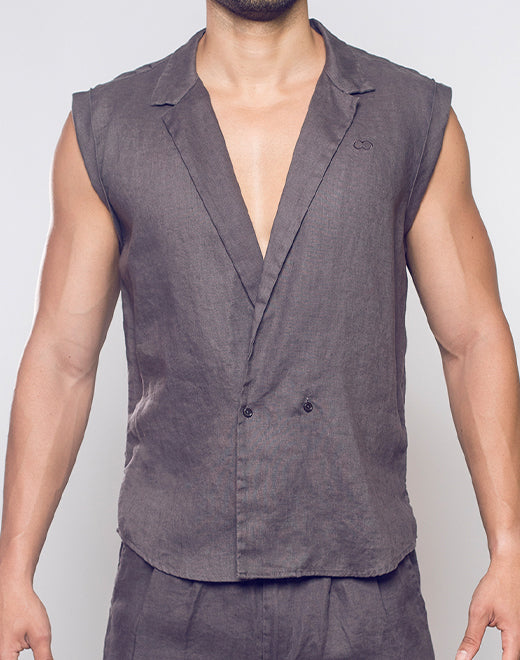 Breezy Linen Single Button Wrap Vest - Dark Gray
