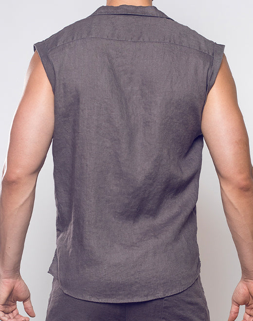 Breezy Linen Single Button Wrap Vest - Dark Gray