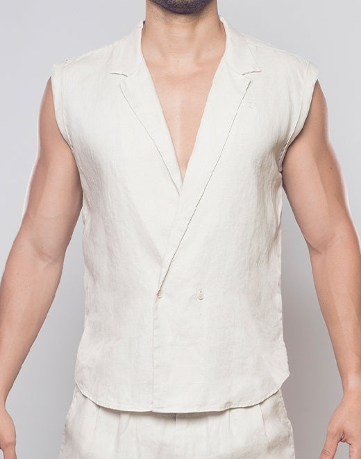 Breezy Linen Single Button Wrap Vest - Beige